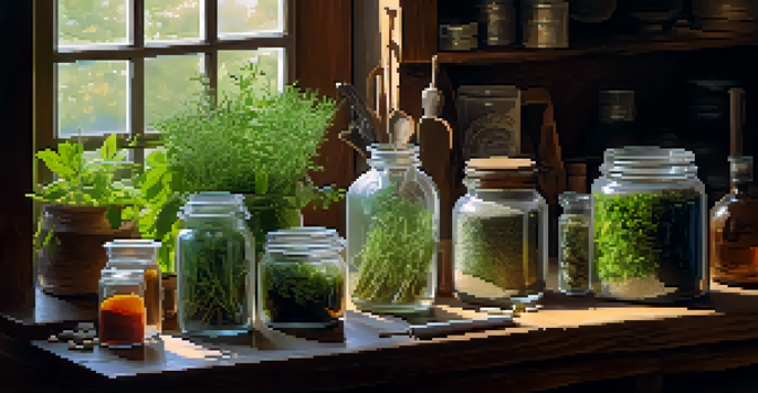 A vibrant herbalist's workspace with herbs and jars, illuminated by soft light from a window.