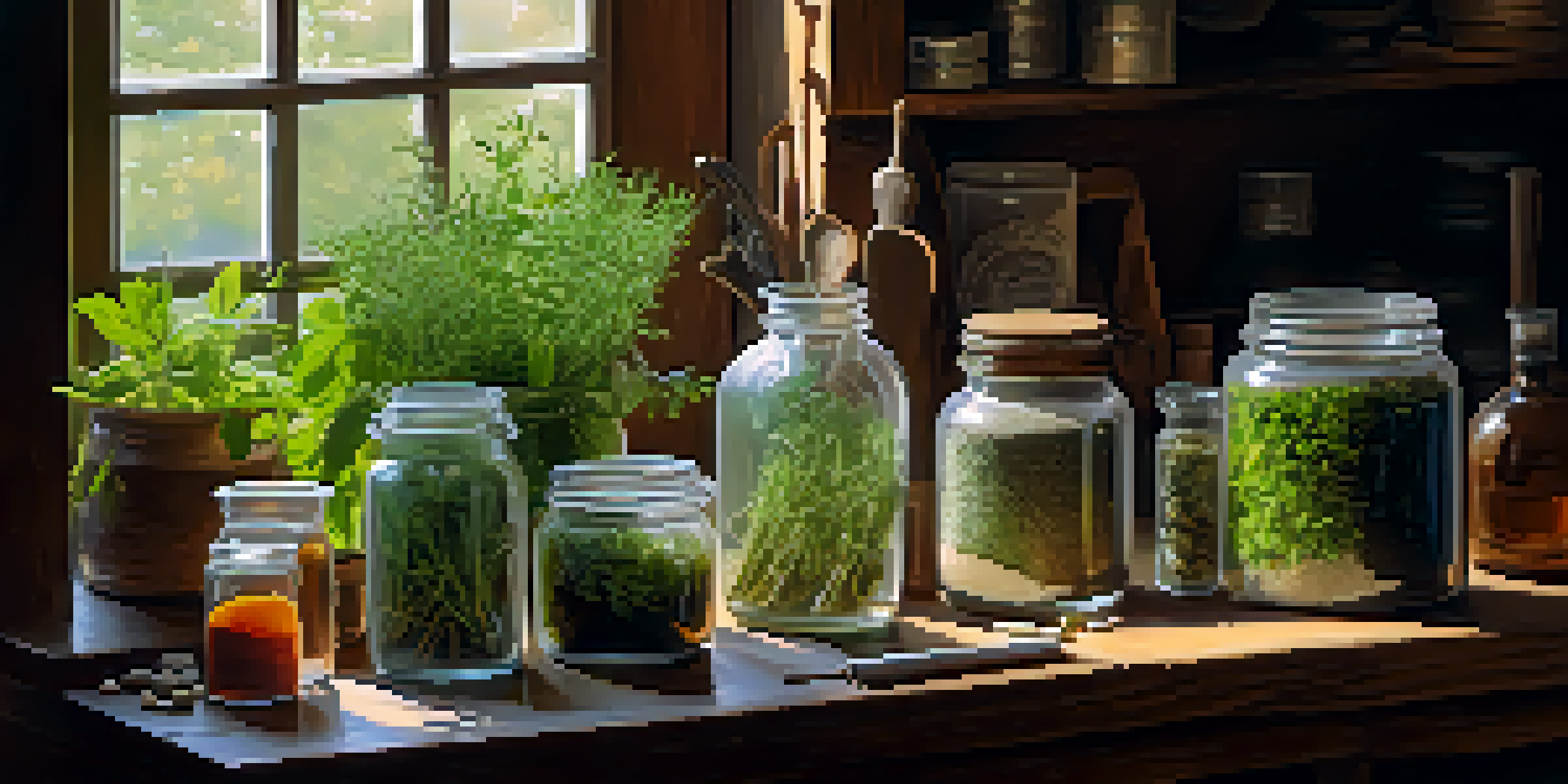 A vibrant herbalist's workspace with herbs and jars, illuminated by soft light from a window.