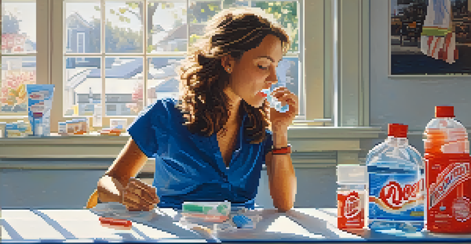 A person at a desk drinking water and chewing gum, with dental care products in the foreground.