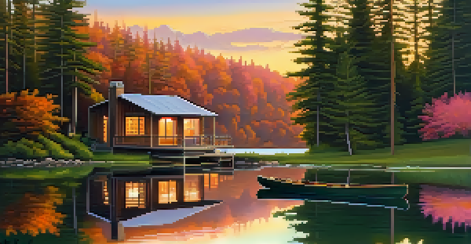 A tranquil lakeside cabin at sunset, with a warm glow from inside and canoes by the dock.