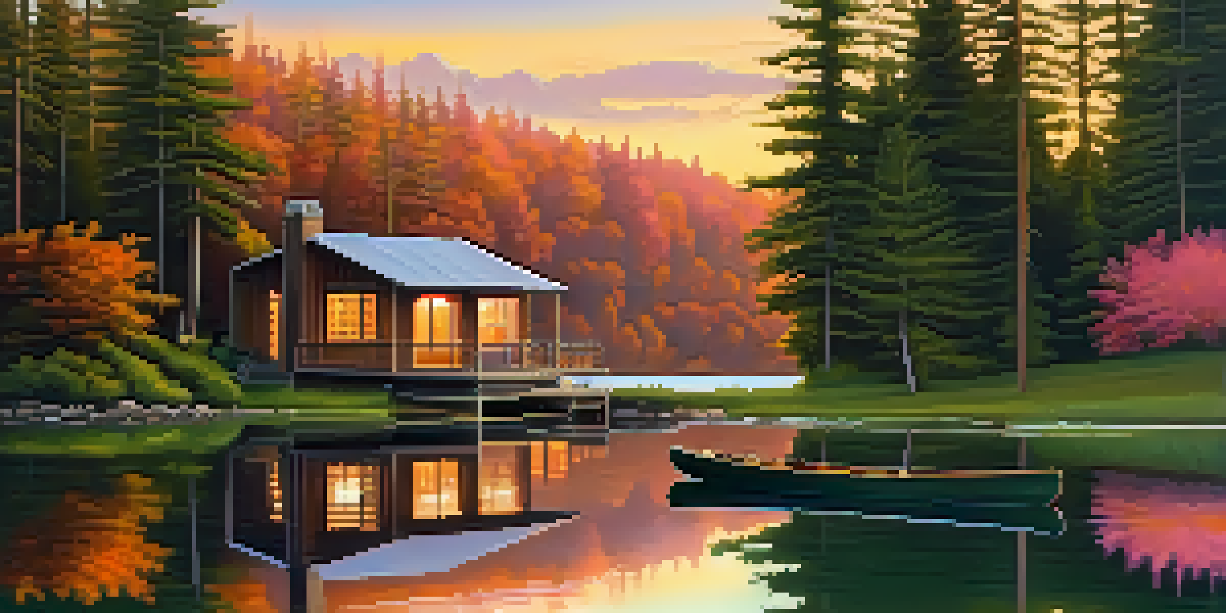 A tranquil lakeside cabin at sunset, with a warm glow from inside and canoes by the dock.