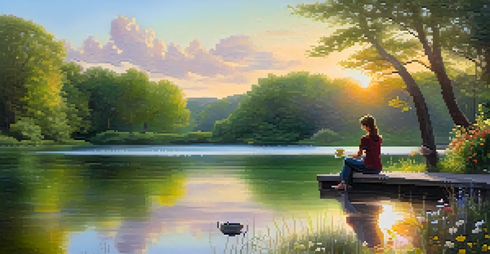 A peaceful sunrise landscape with a tranquil lake, green trees, and a person journaling by the water.