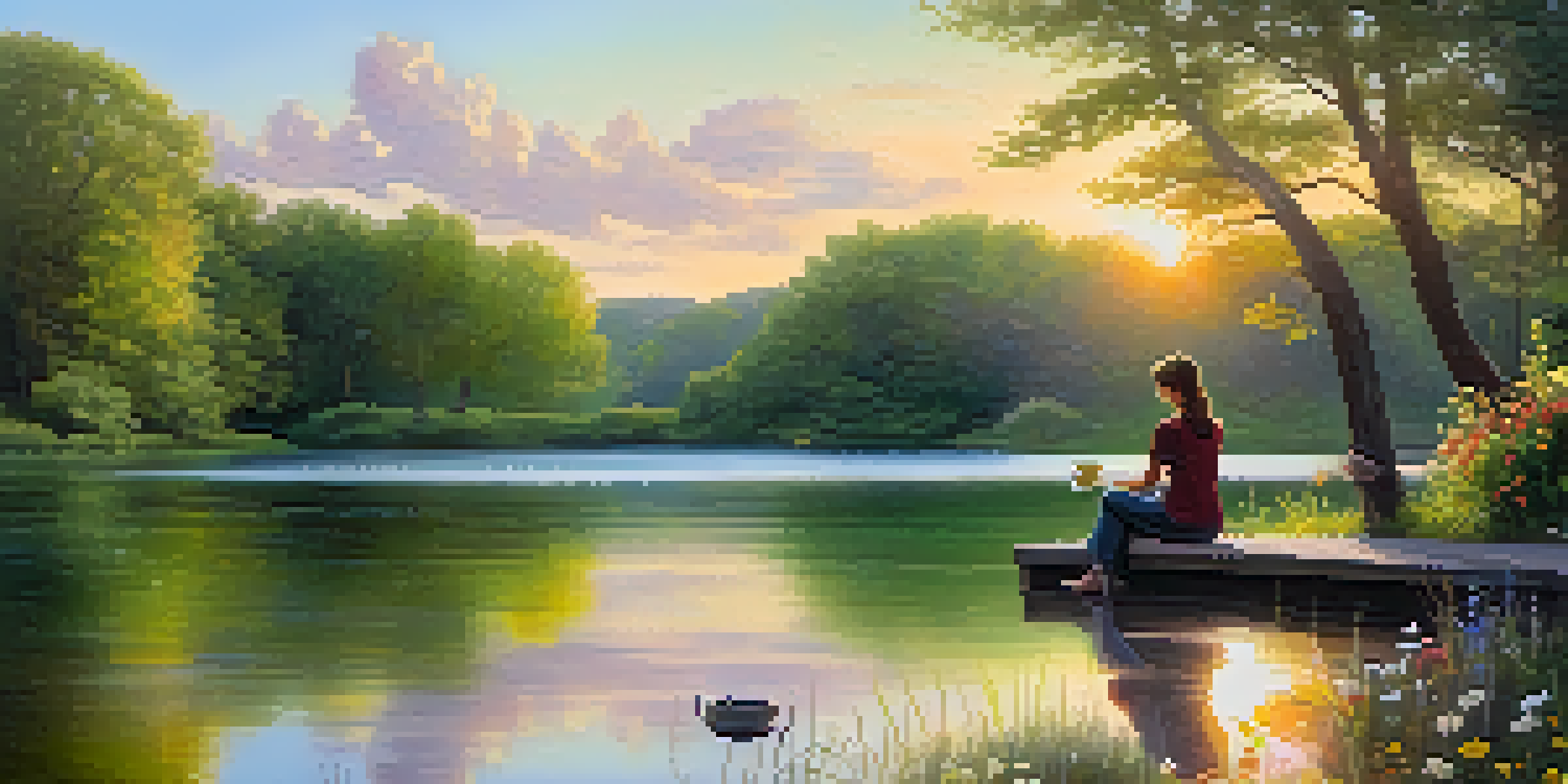 A peaceful sunrise landscape with a tranquil lake, green trees, and a person journaling by the water.