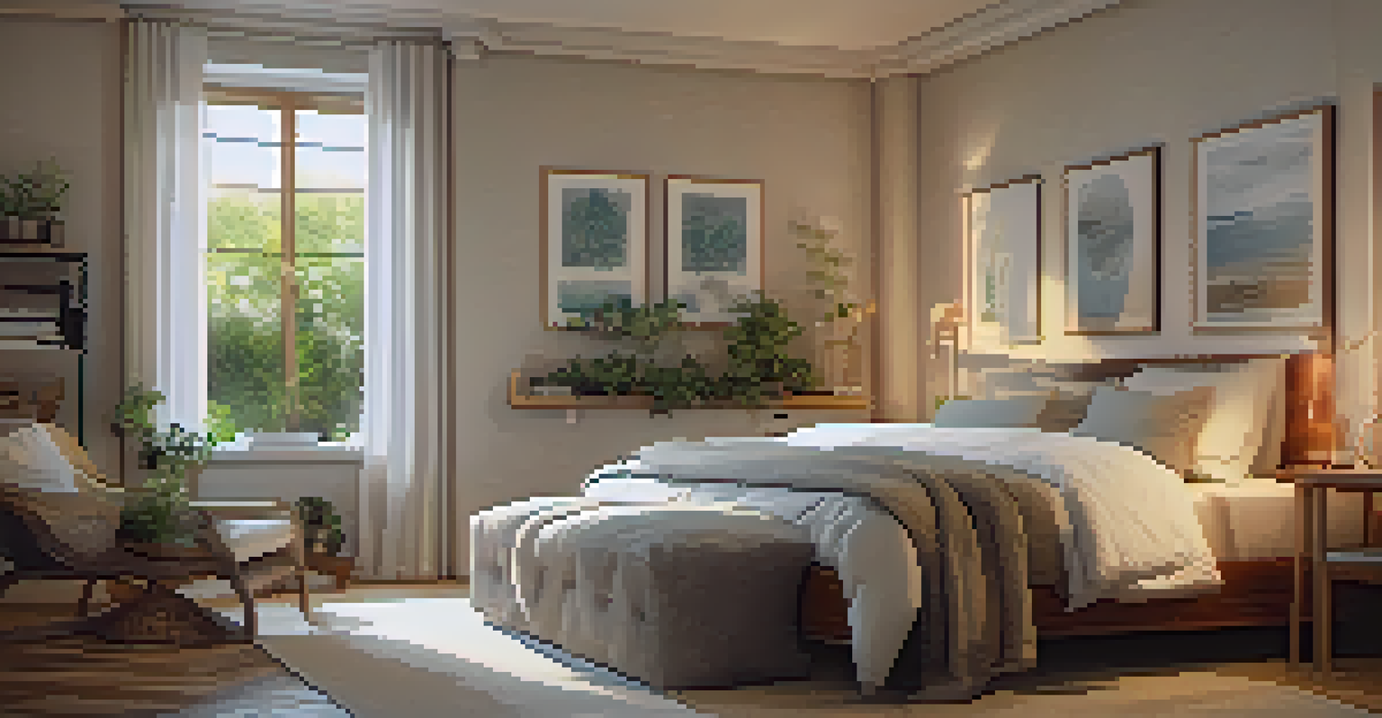 A tranquil bedroom with a neatly made bed, soft lighting, and a view of a peaceful garden outside.