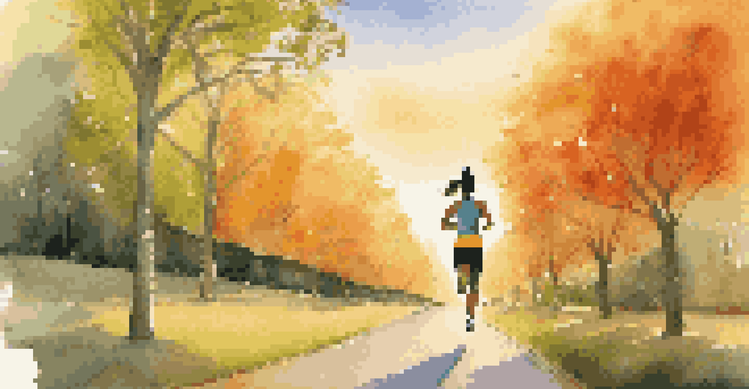 A person jogging in a park at sunrise, with a fitness tracker showing their progress.