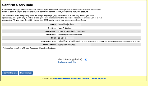 Confirm user/role screen