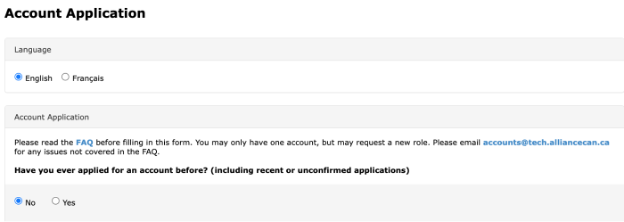 Account Application screen