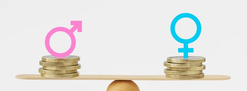 Symbolen van man en vrouw op een wip met geld
