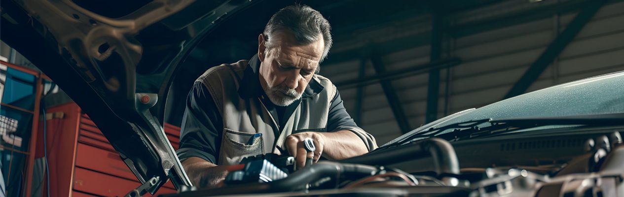 Oudere monteur aan auto aan het werk