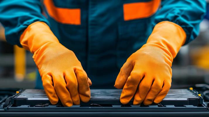 Met handschoenen werken aan een batterij