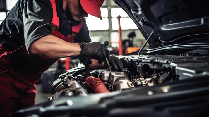 BOVAG Monteur met peilstok boven geopende motorkap van auto