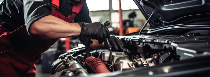 BOVAG Monteur met peilstok boven geopende motorkap van auto