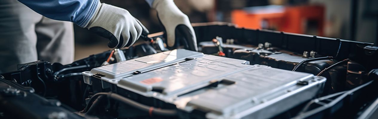 Monteur met batterij in auto