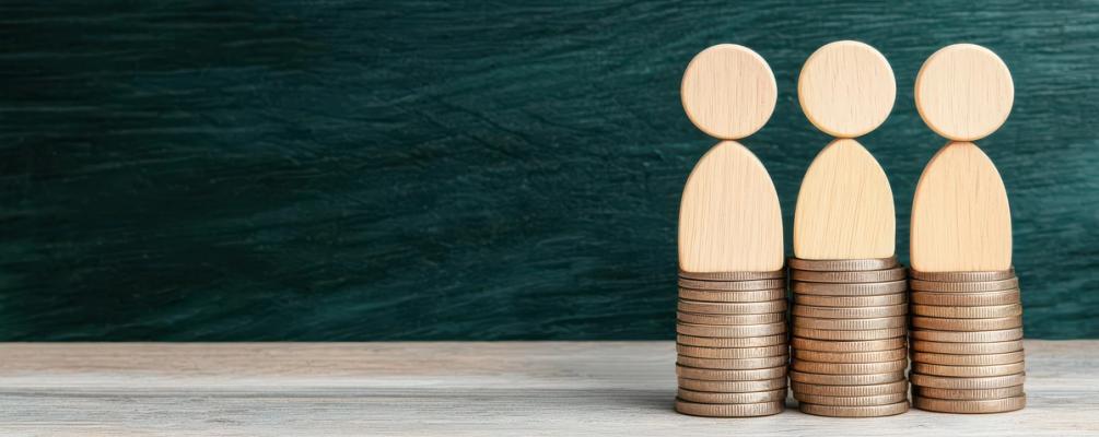 Drie houten poppetjes die staan op geld