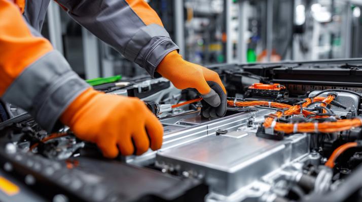 Monteur met oranje handschoenen werkt aan een elektrische auto