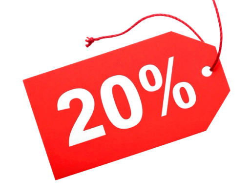 Rood prijskaartje met 20% erop