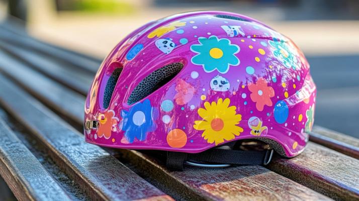 Kinderfietshelm op een houten bank