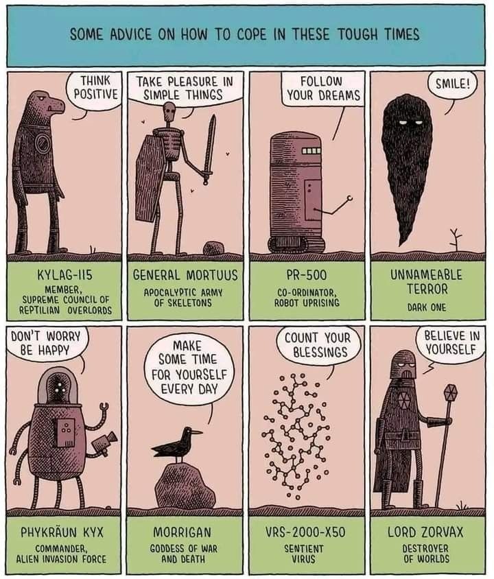 A cartoon depicting KYLAD-115, General Mortuus, PR-500, Unnameable Terror, Phykraun KYX, Morrigan, VRS-2000-X50, and Lord Zorvax giving nuggets of advice on how to feel blessed and strong.