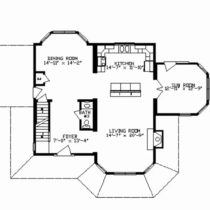 house floor plan: first floor. sun room, large kitchen, many windows