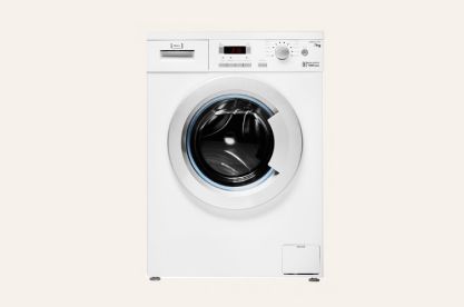 A white washing machine with a white background 