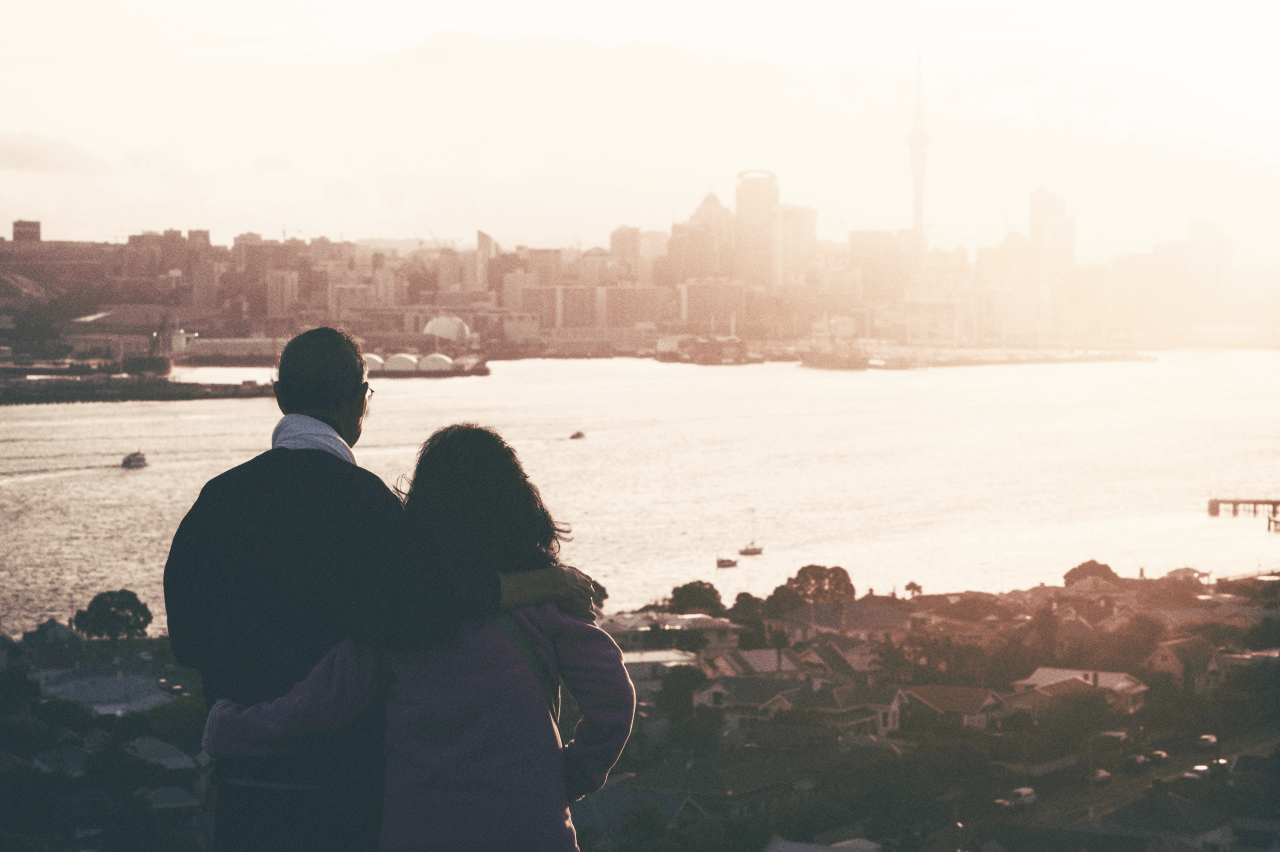A couple watching the sunset over the city 