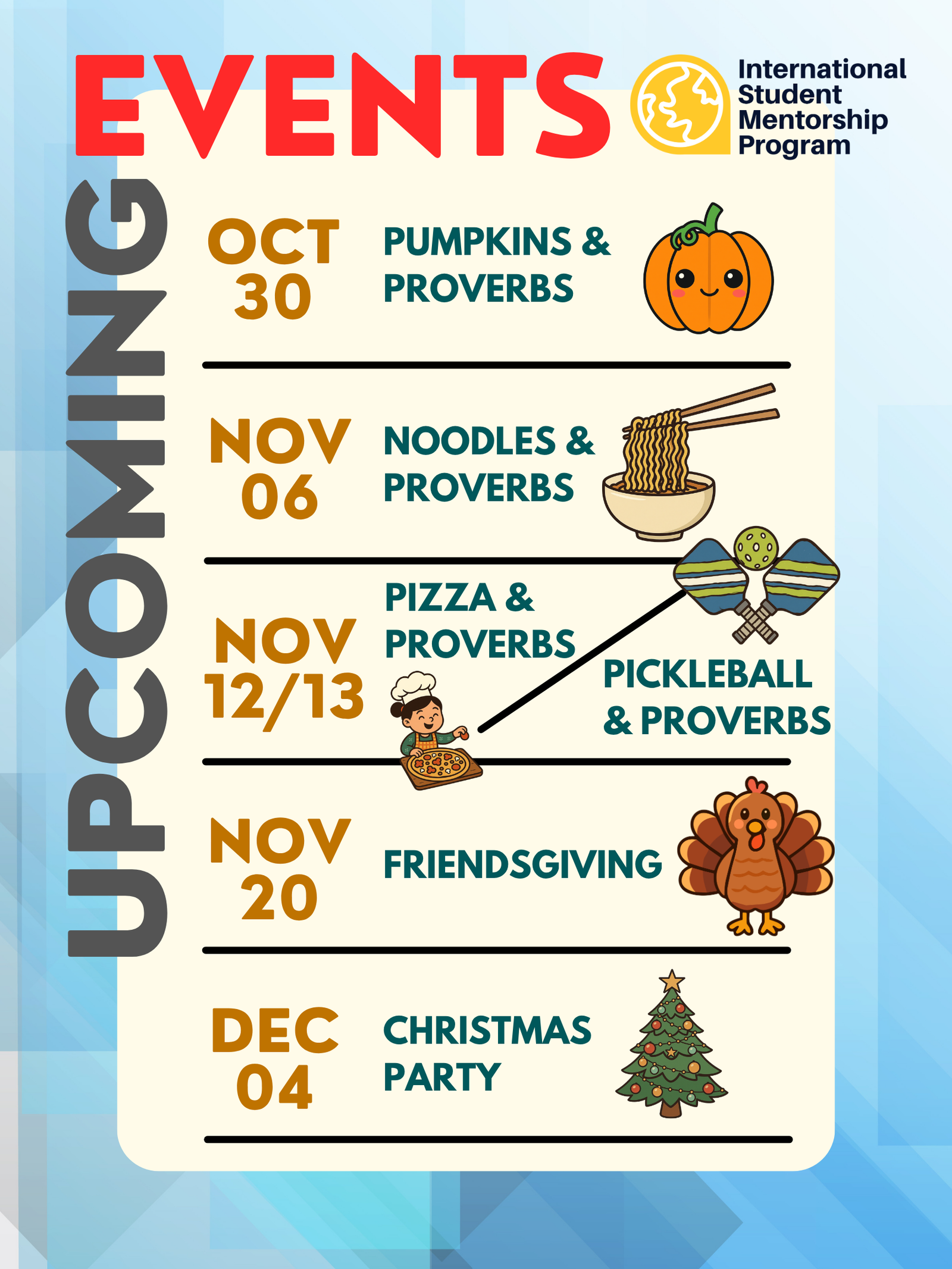 Upcoming Events: Proverbs Series, Thanksgiving Celebration, Christmas Party