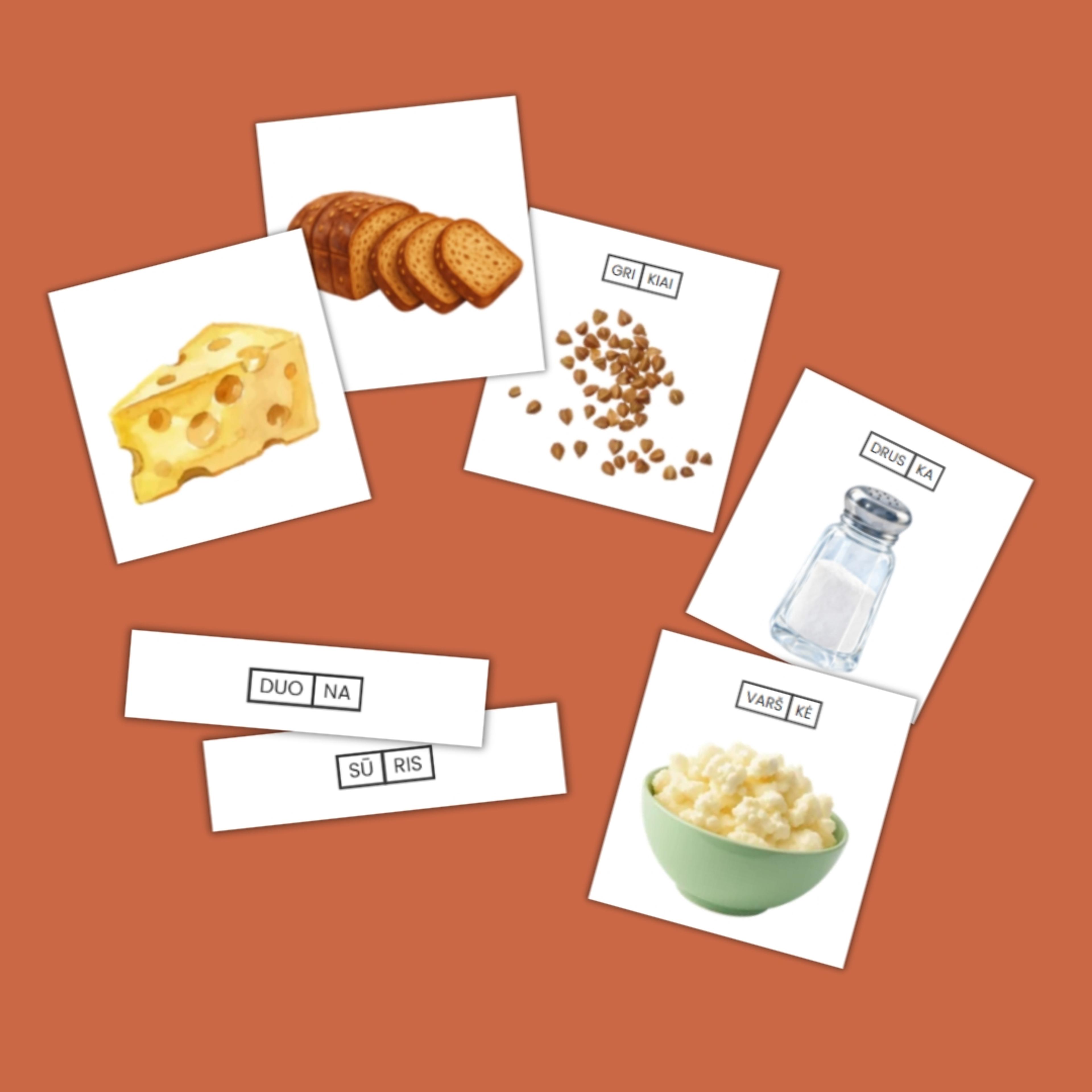 Maisto produktų kortelės vaikams su skiemenuotais pavadinimais – spausdinamas PDF