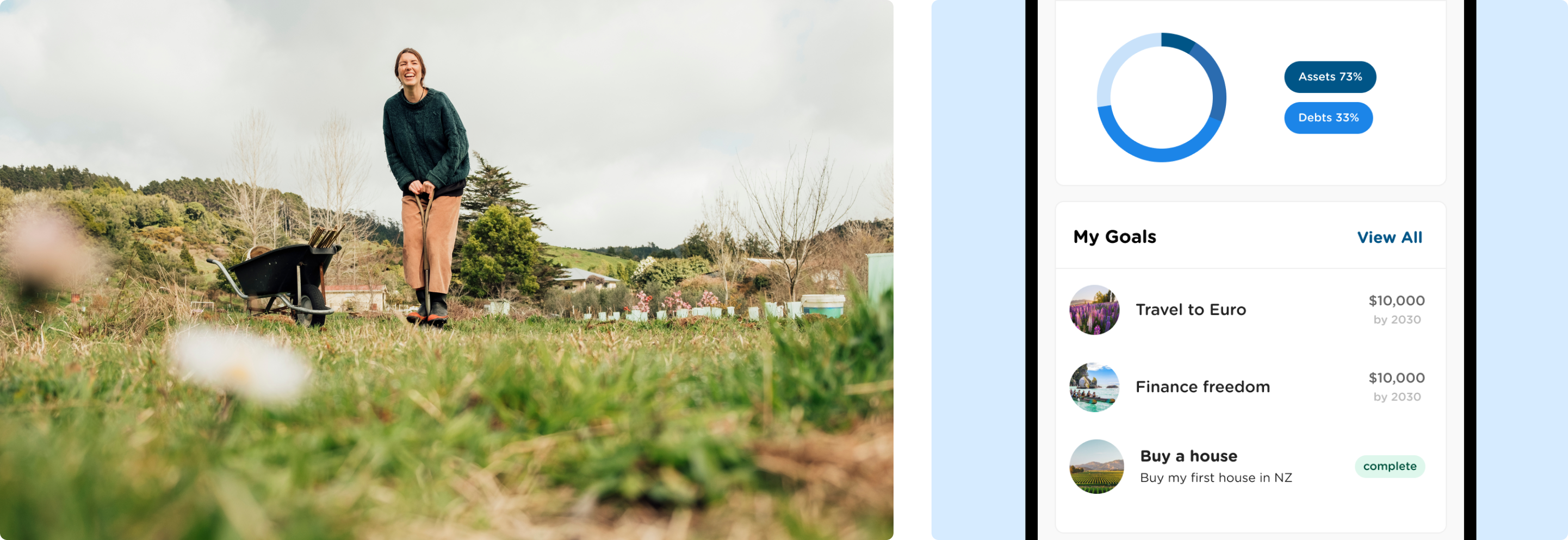 A women in the garden and a screen from the My Lifetime App