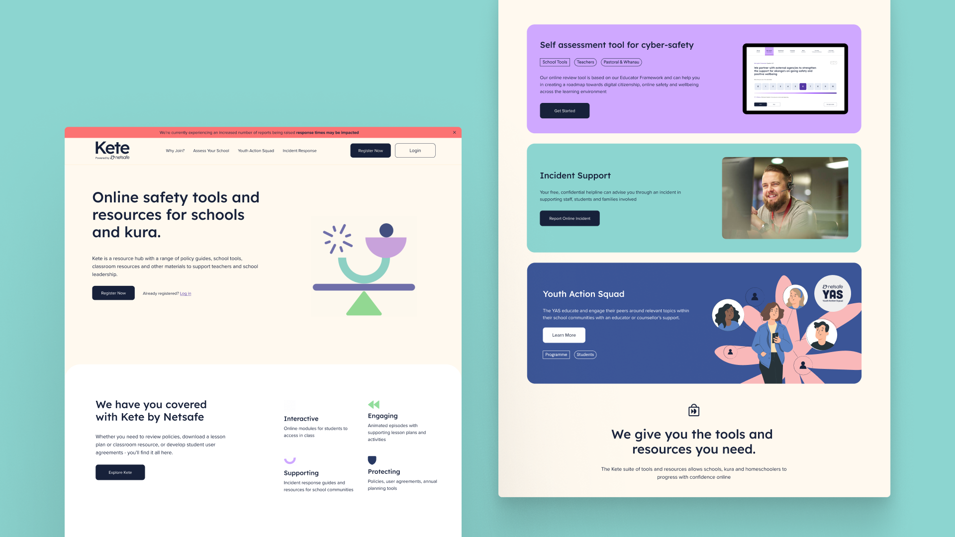 Screenshots of the home for Kete Education Hub for Netsafe built using Next.js