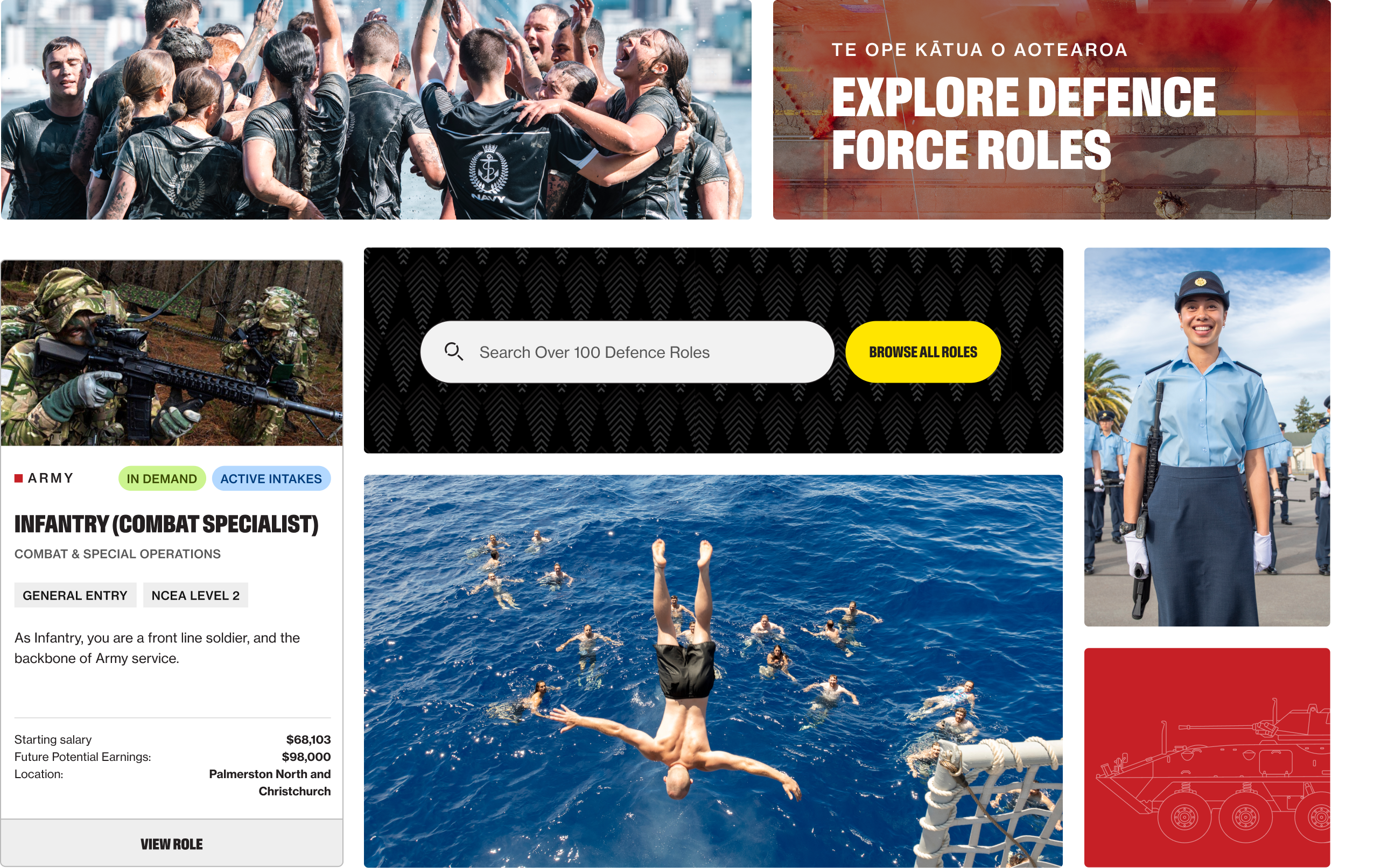 A bento collage showcasing the UI elements of the site alongside imagery depicting various aspects of life within the New Zealand Defence Force.