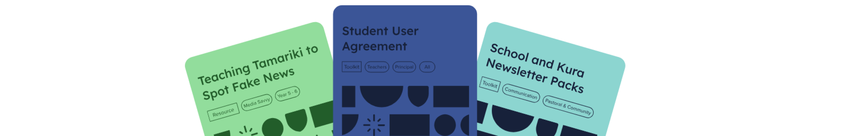 3 coloured cards showing a resource from Netsafe Education Hub