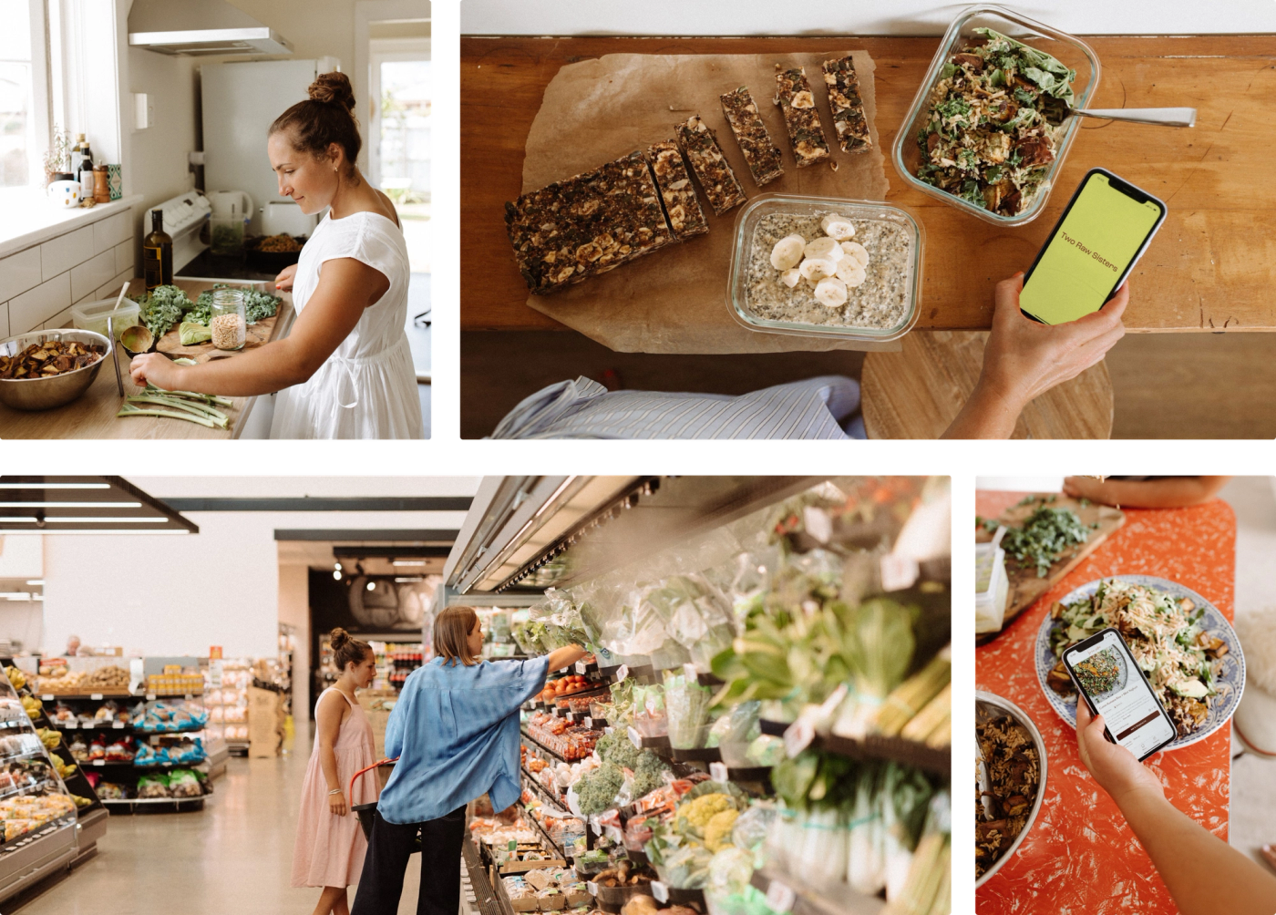 Two Raw Sisters cooking, meal prepping and shopping, alongside their app