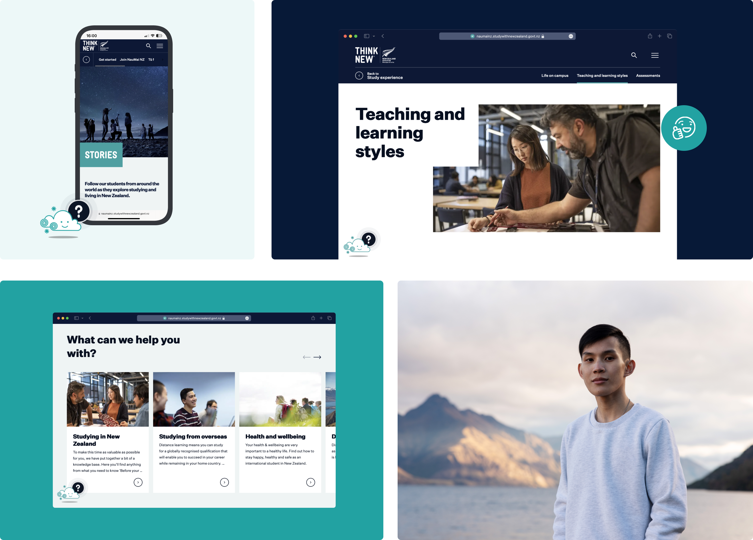 A bento style collage, showing a student on a classic new zealand background, a mobile screen of the NauMai Stories pages, two desktop pages of the NauMai Website