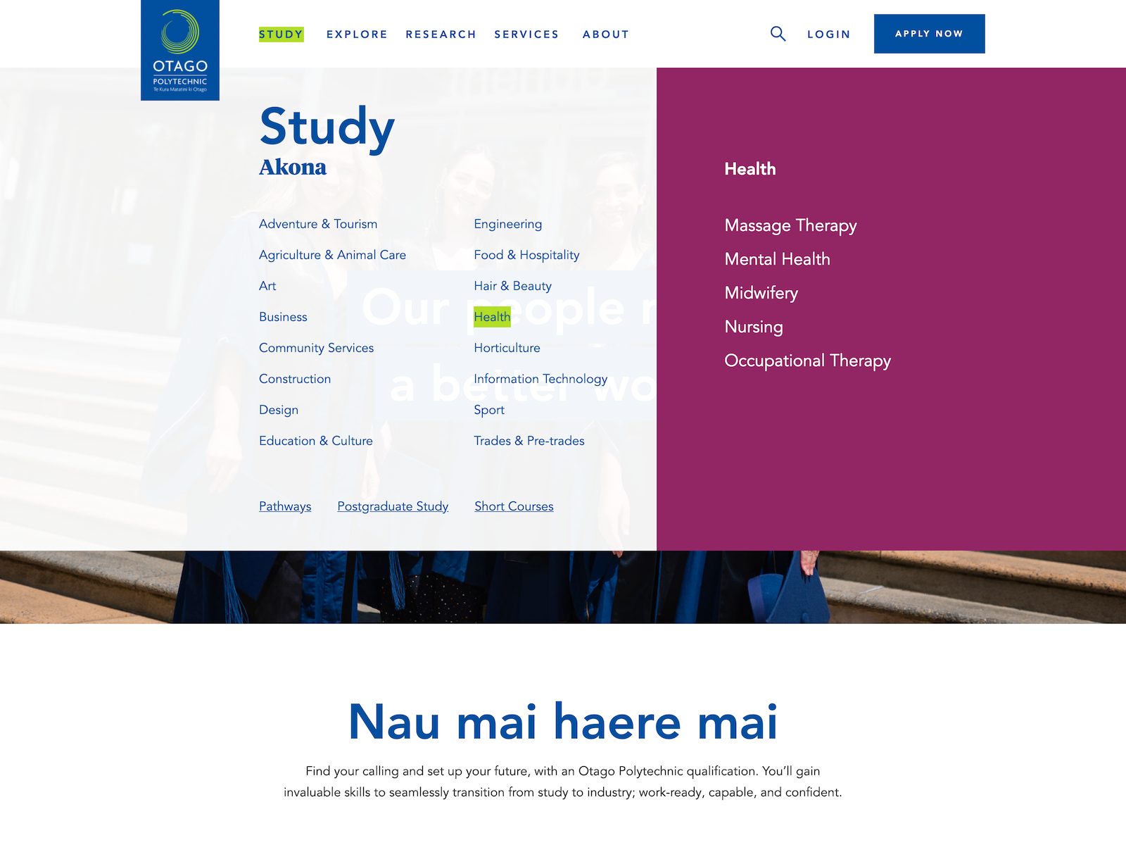 Screenshot of Otago Polytechnic website navigation