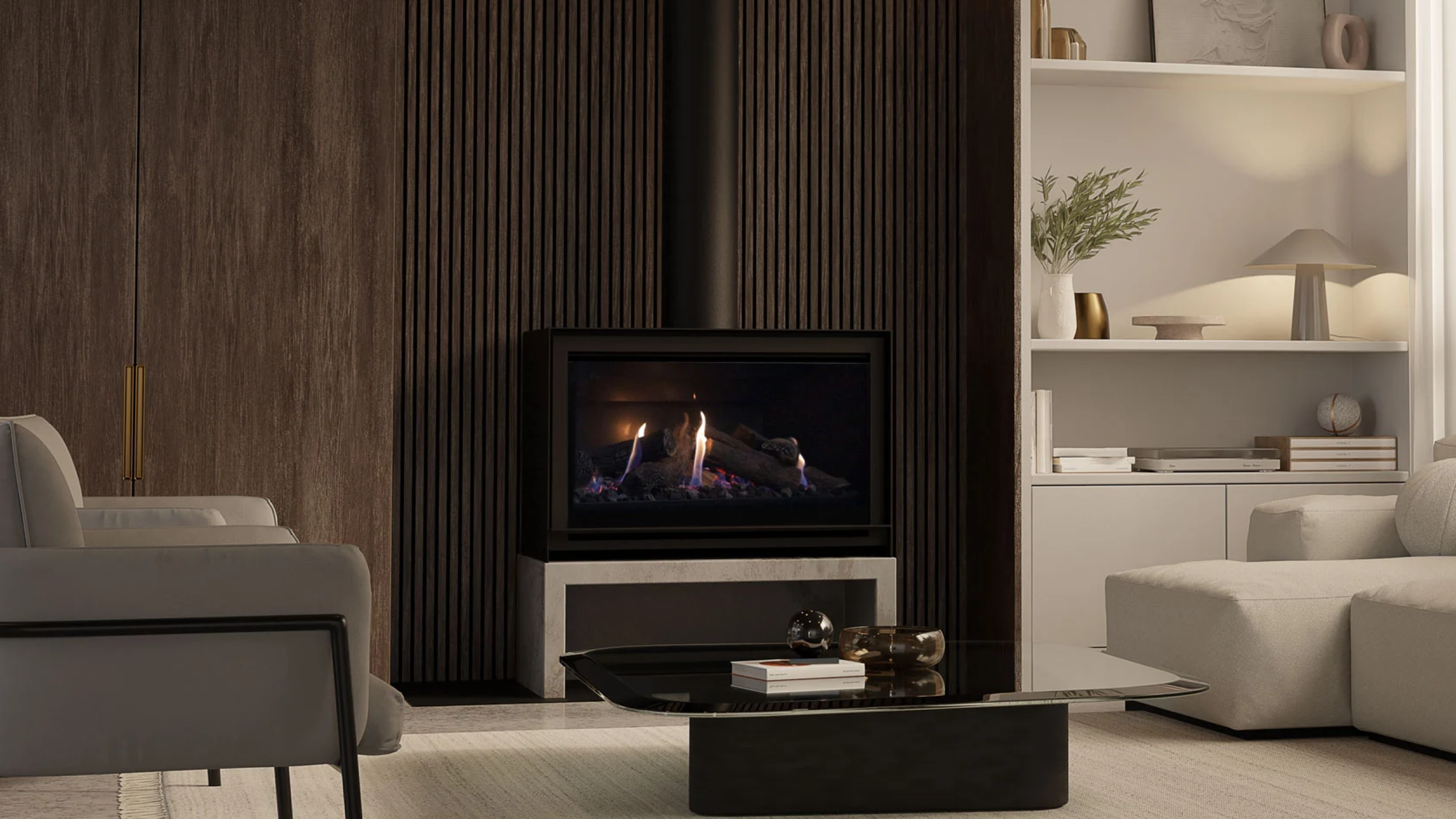Modern living room with an escea fireplace at the centre of the room