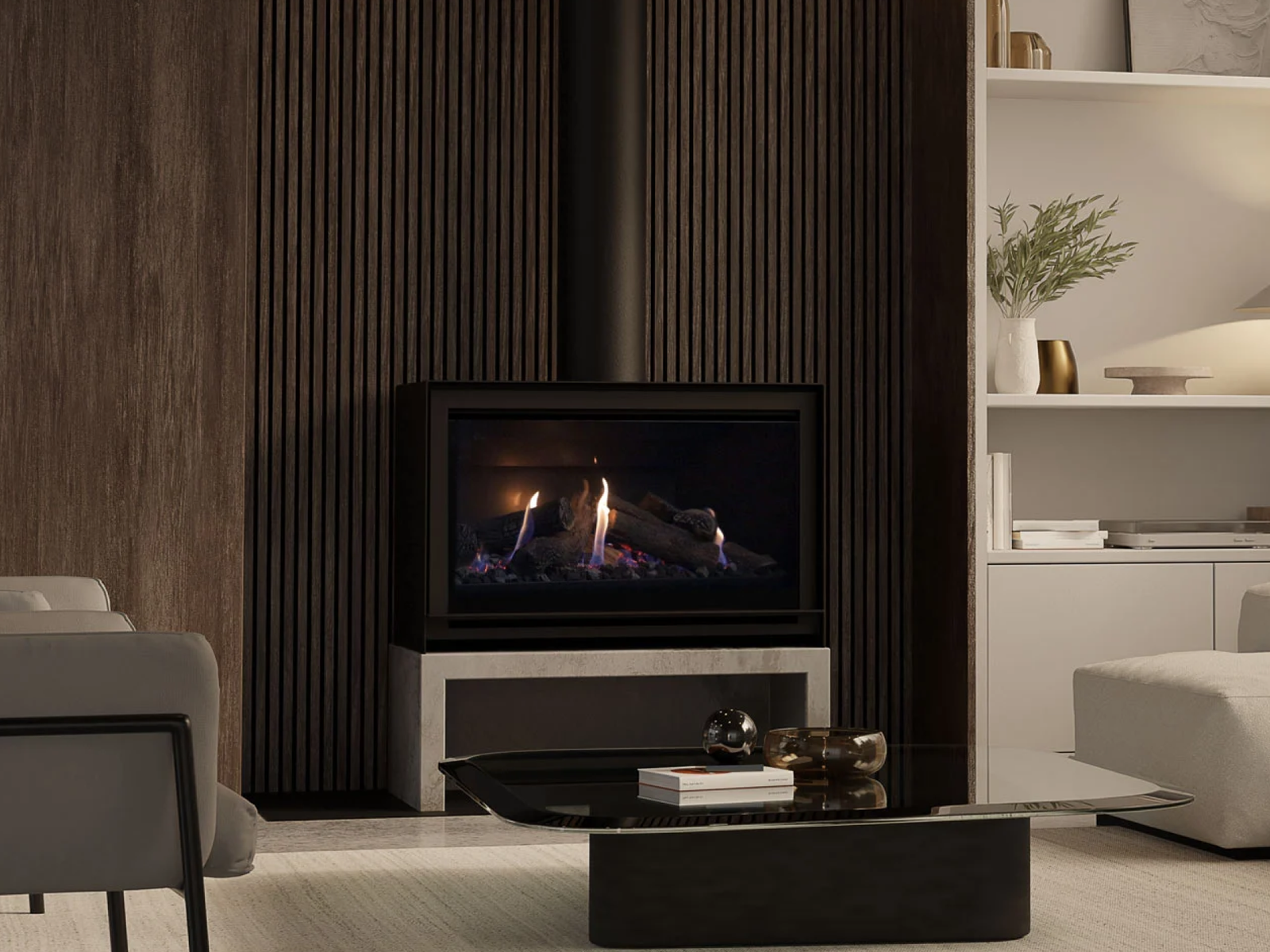 Modern living room with an escea fireplace at the centre of the room