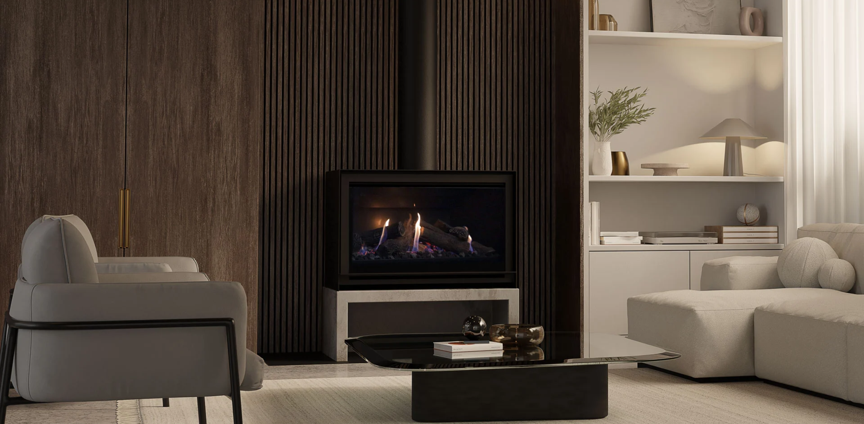 Modern living room with an escea fireplace at the centre of the room