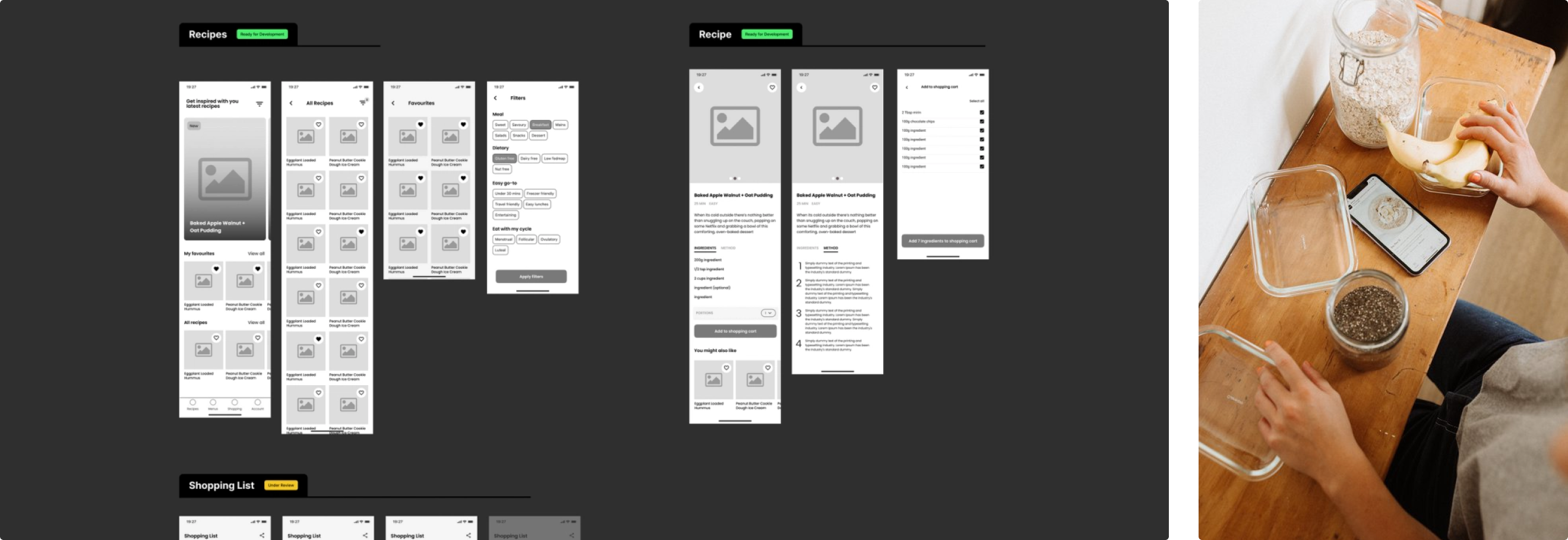 Split image: left side shows wireframe designs for a mobile app or website, right side displays a person's hands using a smartphone on a wooden table using the app 