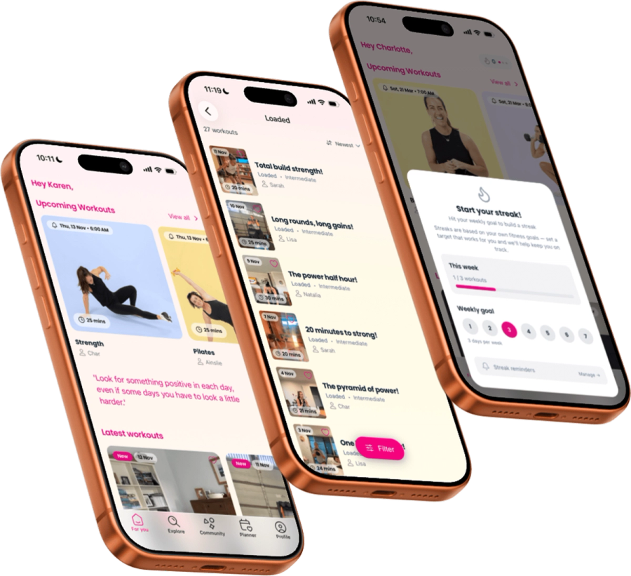 Three phones showing the Move it Mama workout app