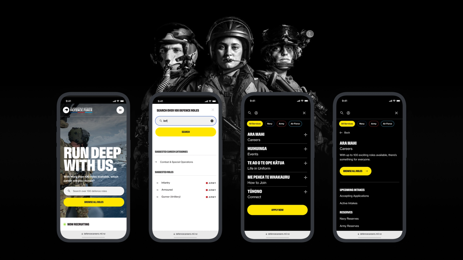 Mobile screens of the NZDF Careers website