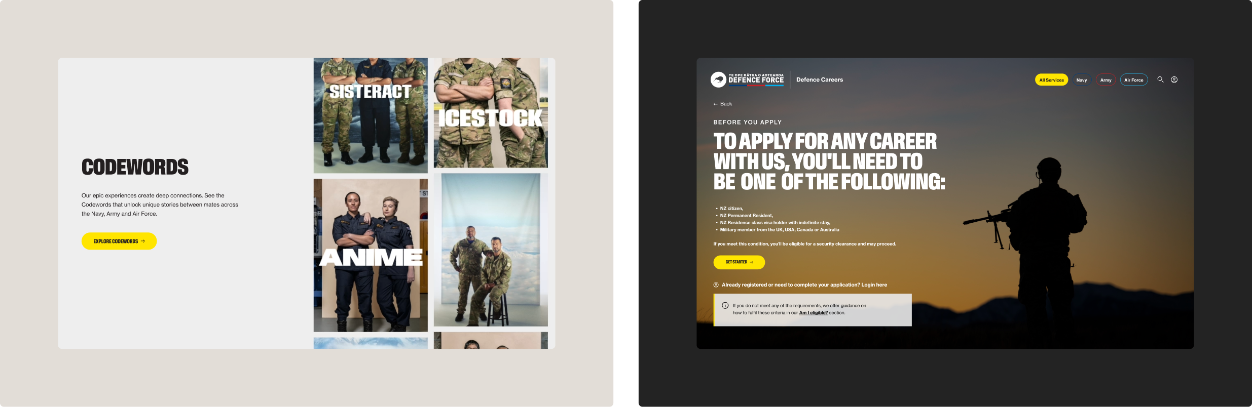 Desktop images showing the codewords and the apply now sections of the NZDF Careers site 