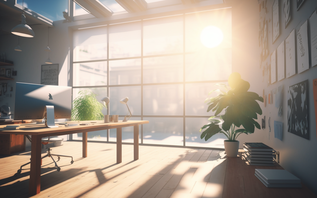 Sun shining through office window