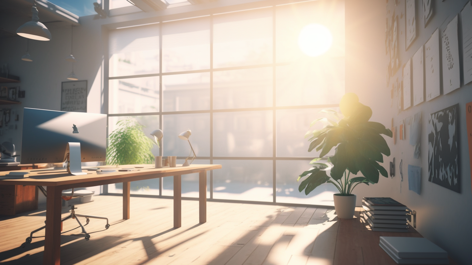 Sun shining through office window