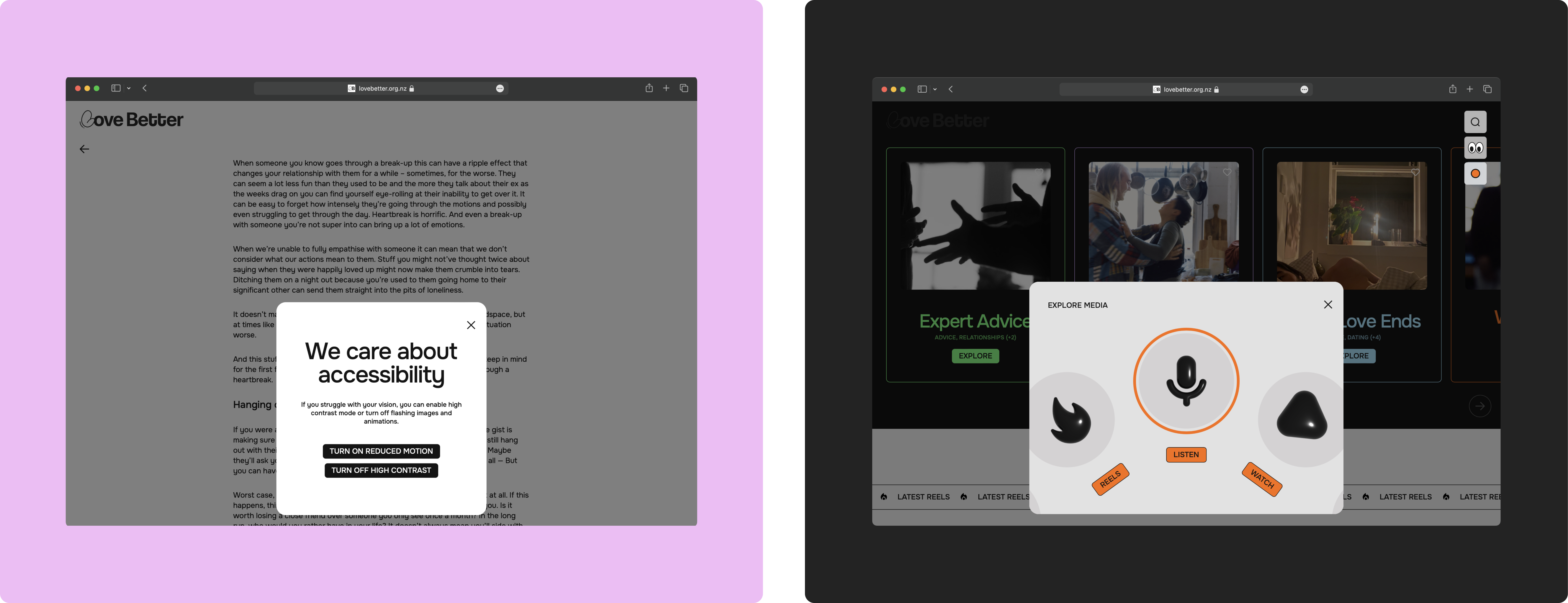 Accessibility and UI examples of Love Better