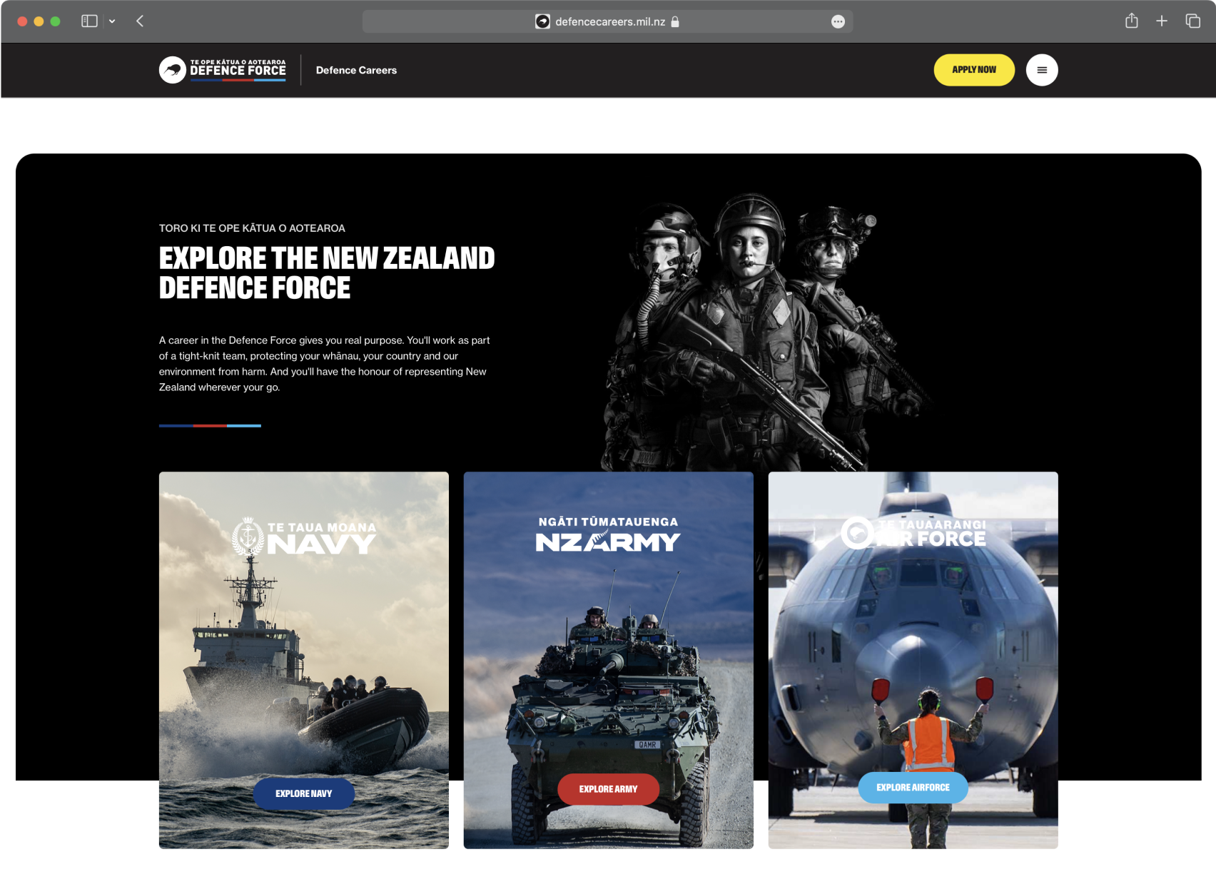 Image of the NZDF desktop page, showing the 3 pathways for Navy, Army and Air Force