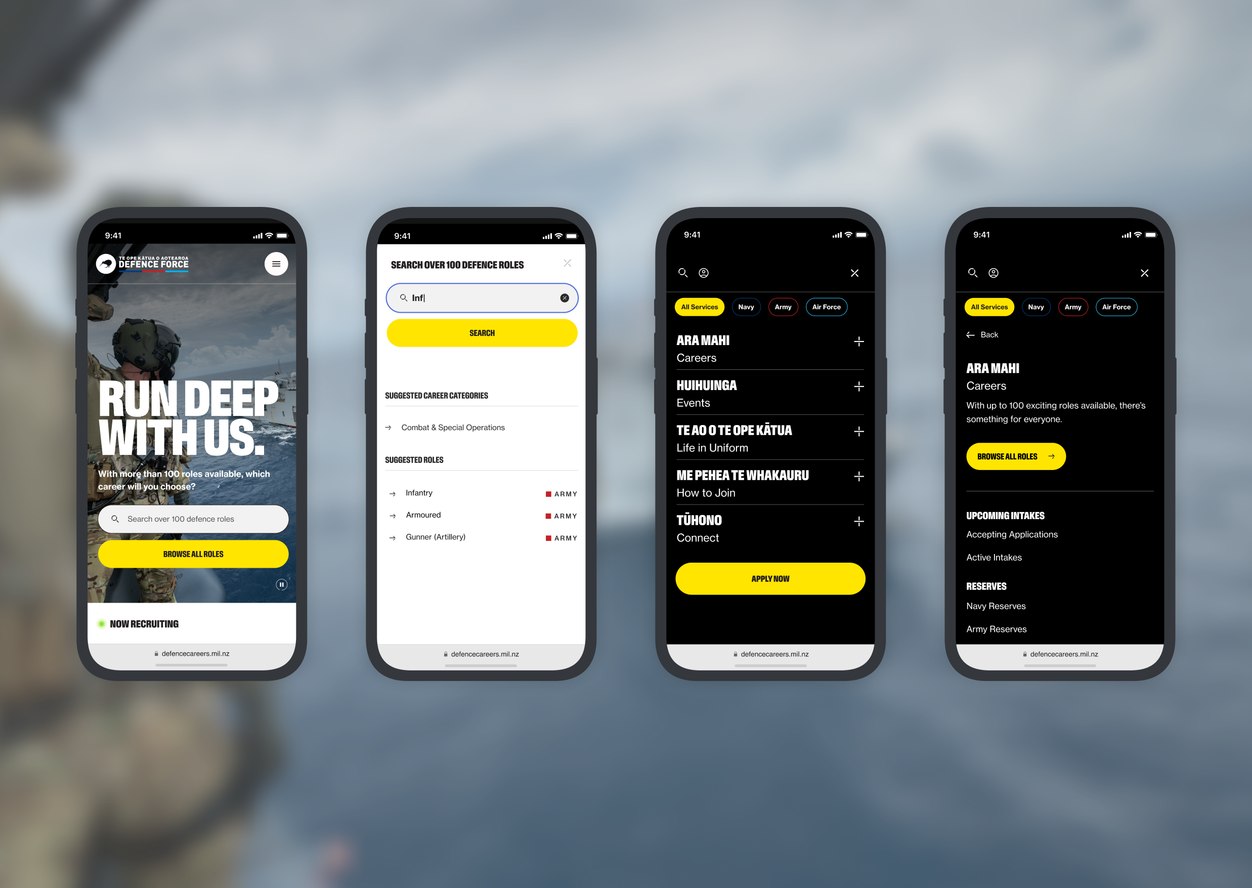 An example of the search and menu for NZDF for mobile 