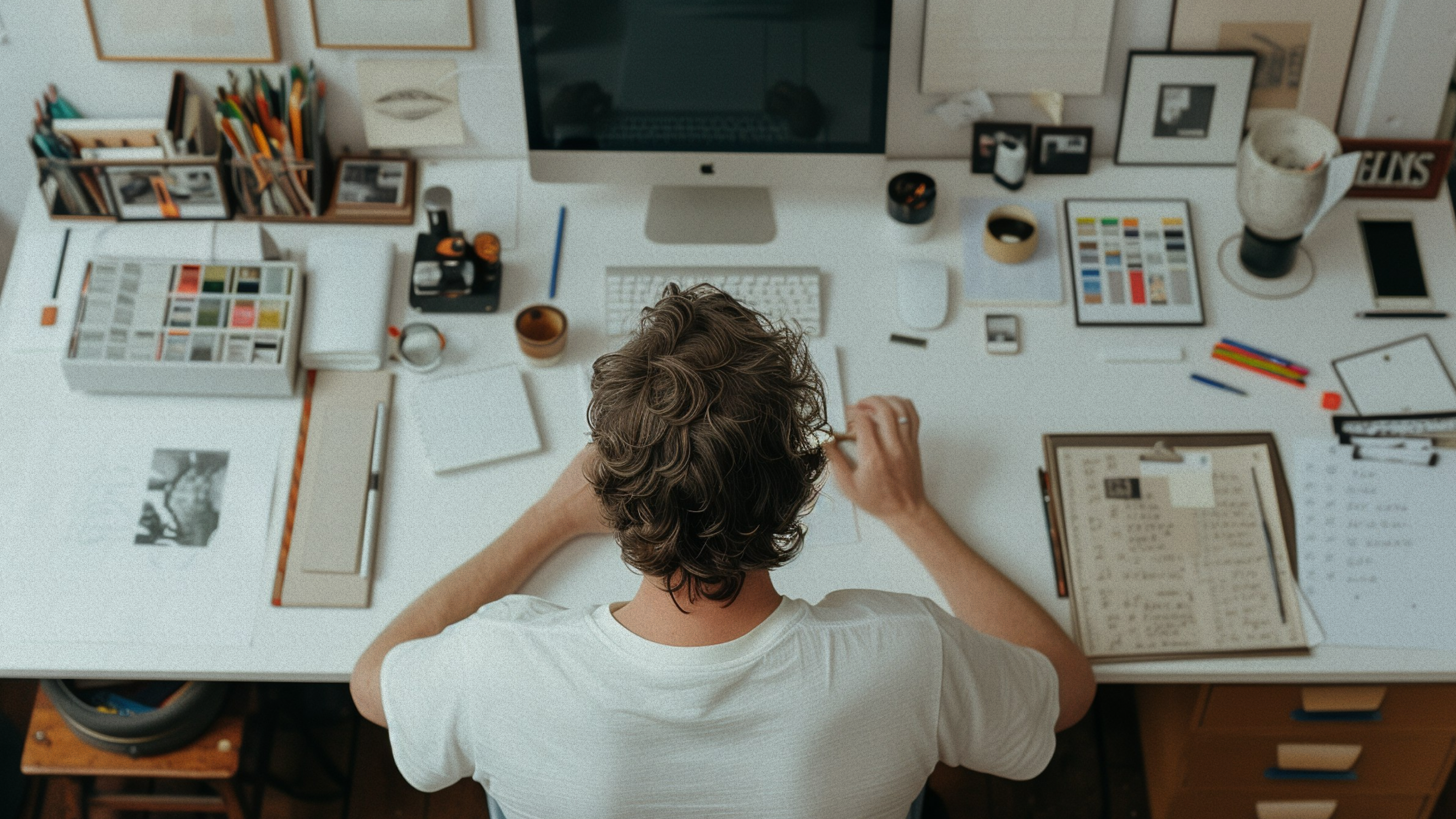 Aerial view from behind of a person focussed on work at a creative workspace, featuring an iMac, art supplies, and organised stationery on a white desk.