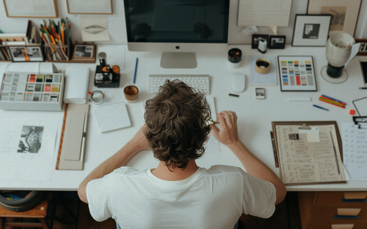 Aerial view from behind of a person focussed on work at a creative workspace, featuring an iMac, art supplies, and organised stationery on a white desk.