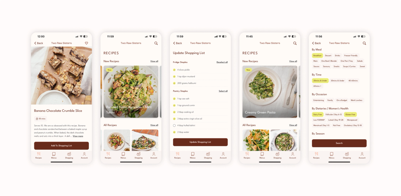 Recipe, shopping list and meal plan screens from the Two Raw Sisters app