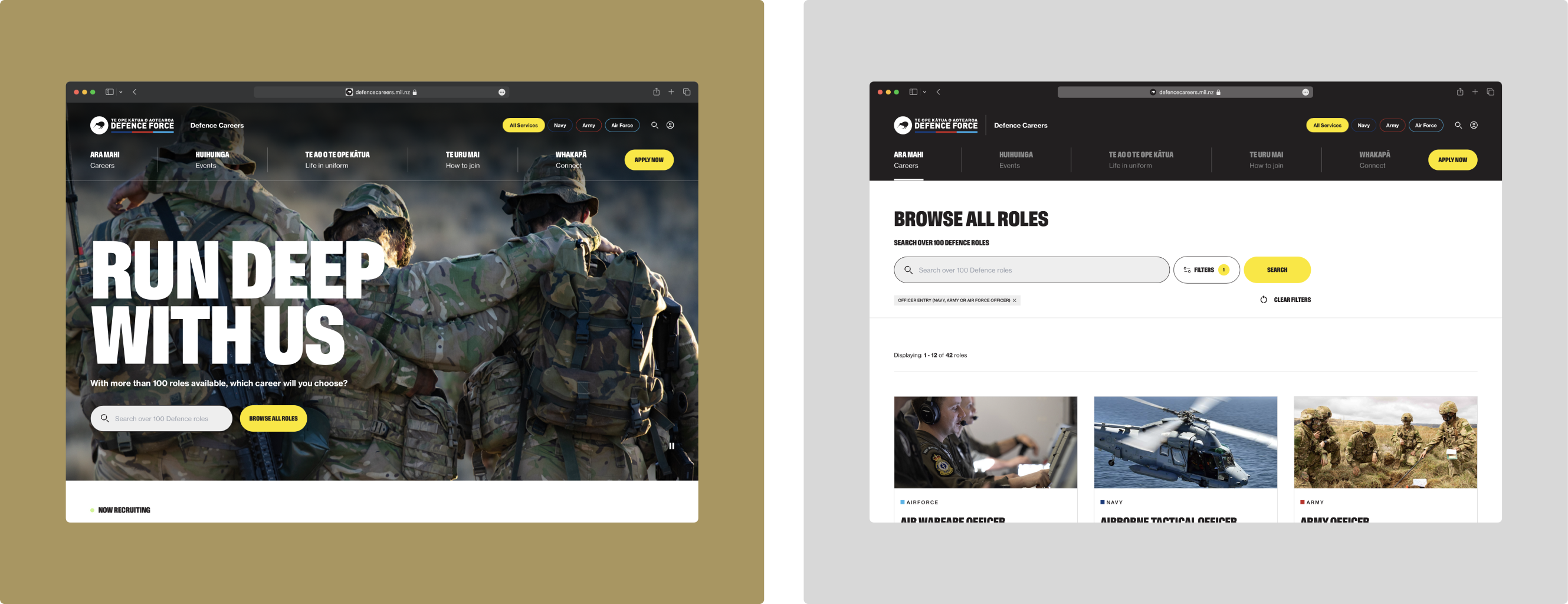 Two images of the desktop version of the NZDF Careers site, image one shows the homepage, image two shows the browse all roles page